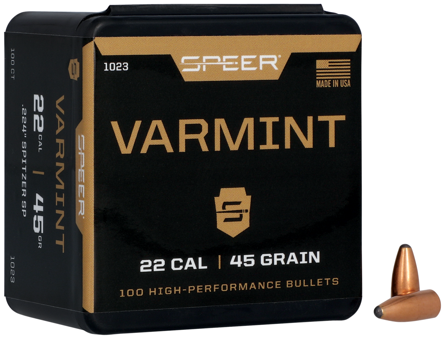 Speer 22 Caliber 45 Grain Spitzer 100/Box (1023), Not Loaded