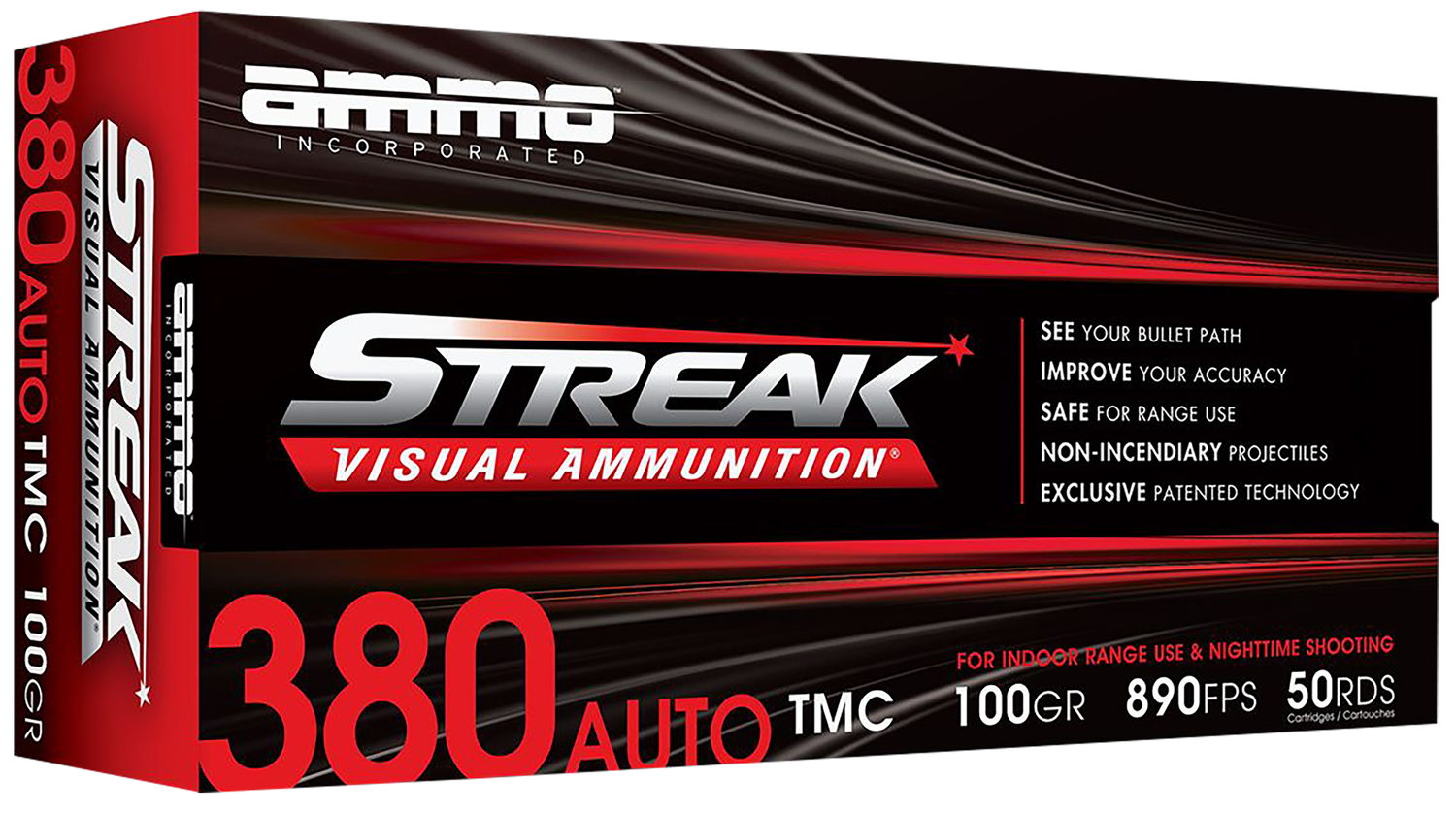 Ammo Inc Streak Visual (RED) Self Defense Pistol Ammunition 380100TMCSTRKRED50, 380 ACP, Total Metal Case, 100  GR, 890  fps, 50 Rd/bx