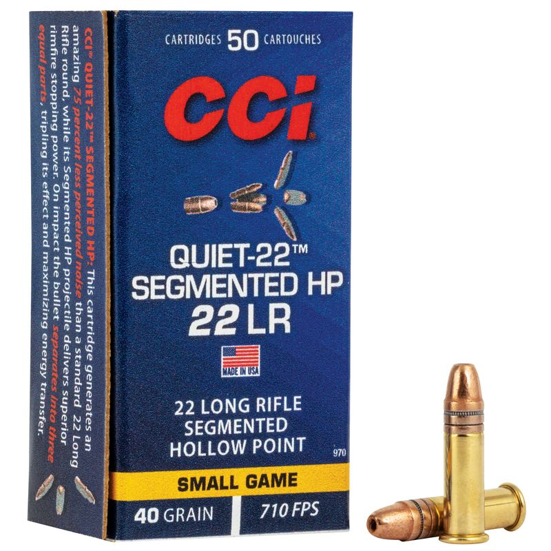CCI Quiet SubSonic Rimfire Ammunition 970, 22 Long Rifle, Segmented Hollow Point (HP), 40 GR, 710 fps, 50 Rd/bx