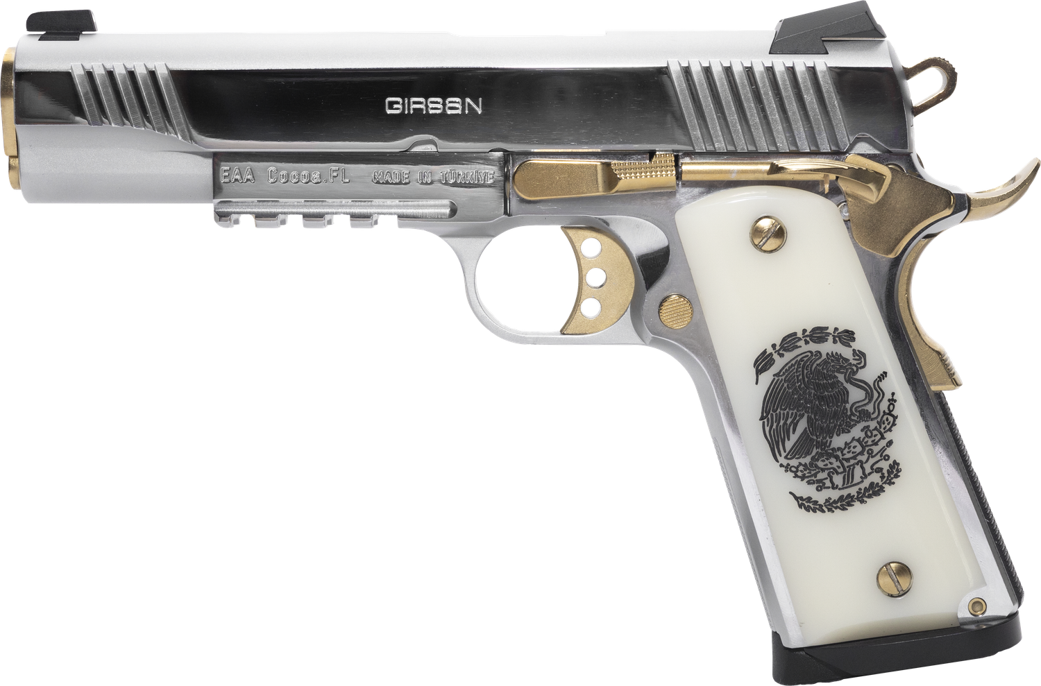 EAA MC1911 S Liberador II Pistol 391055, 38 Super, 5in, Pearl Engraved w/Mexican Coat Of Arms, Chrome w/Gold Accents Finish, 9 Rds