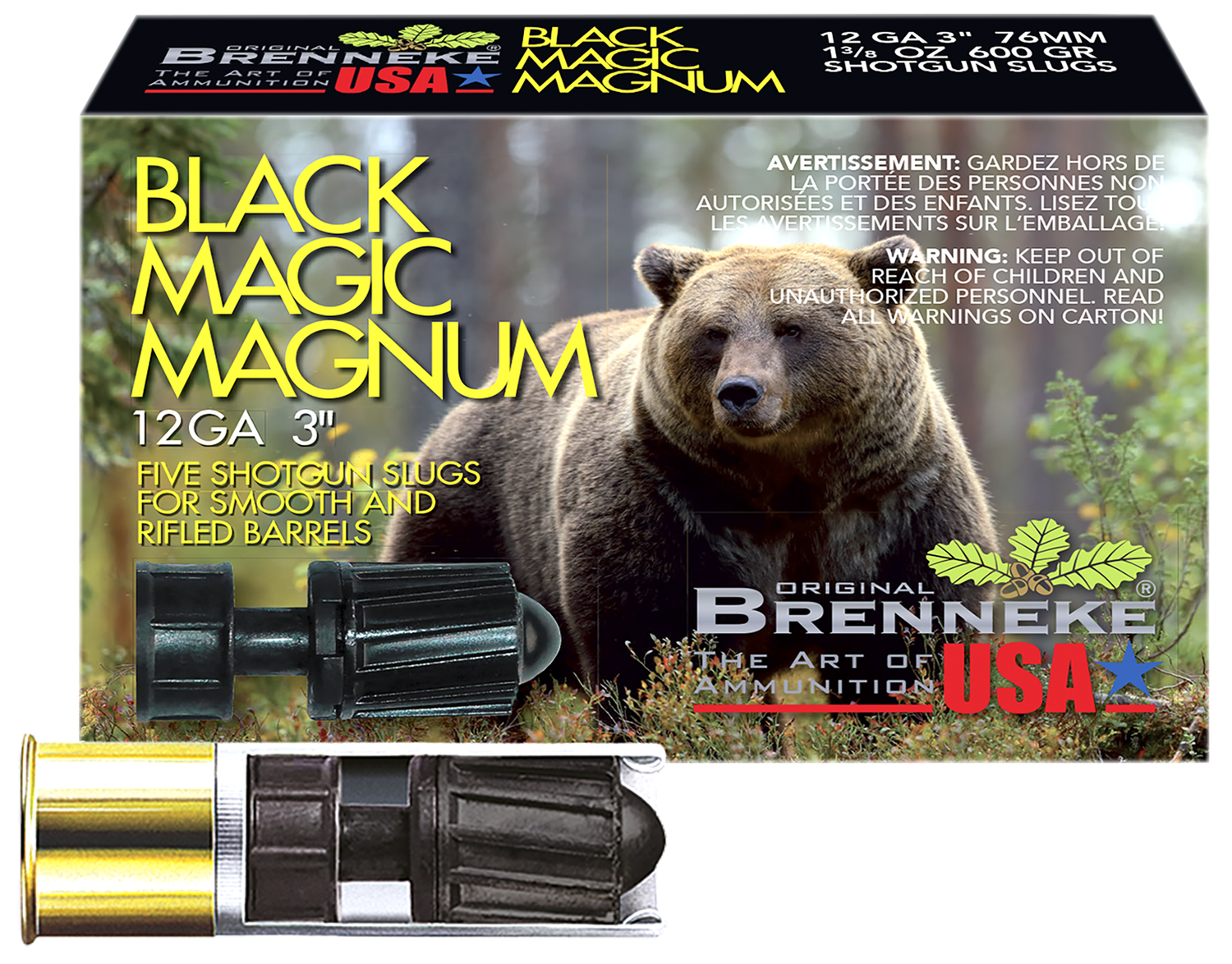 Brenneke Slugs Black Magic Magnum Hunting SL123BMM, 12 Gauge, 3", 1 3/8 oz, 1502  fps, Slug Shot, 5 Rd/bx