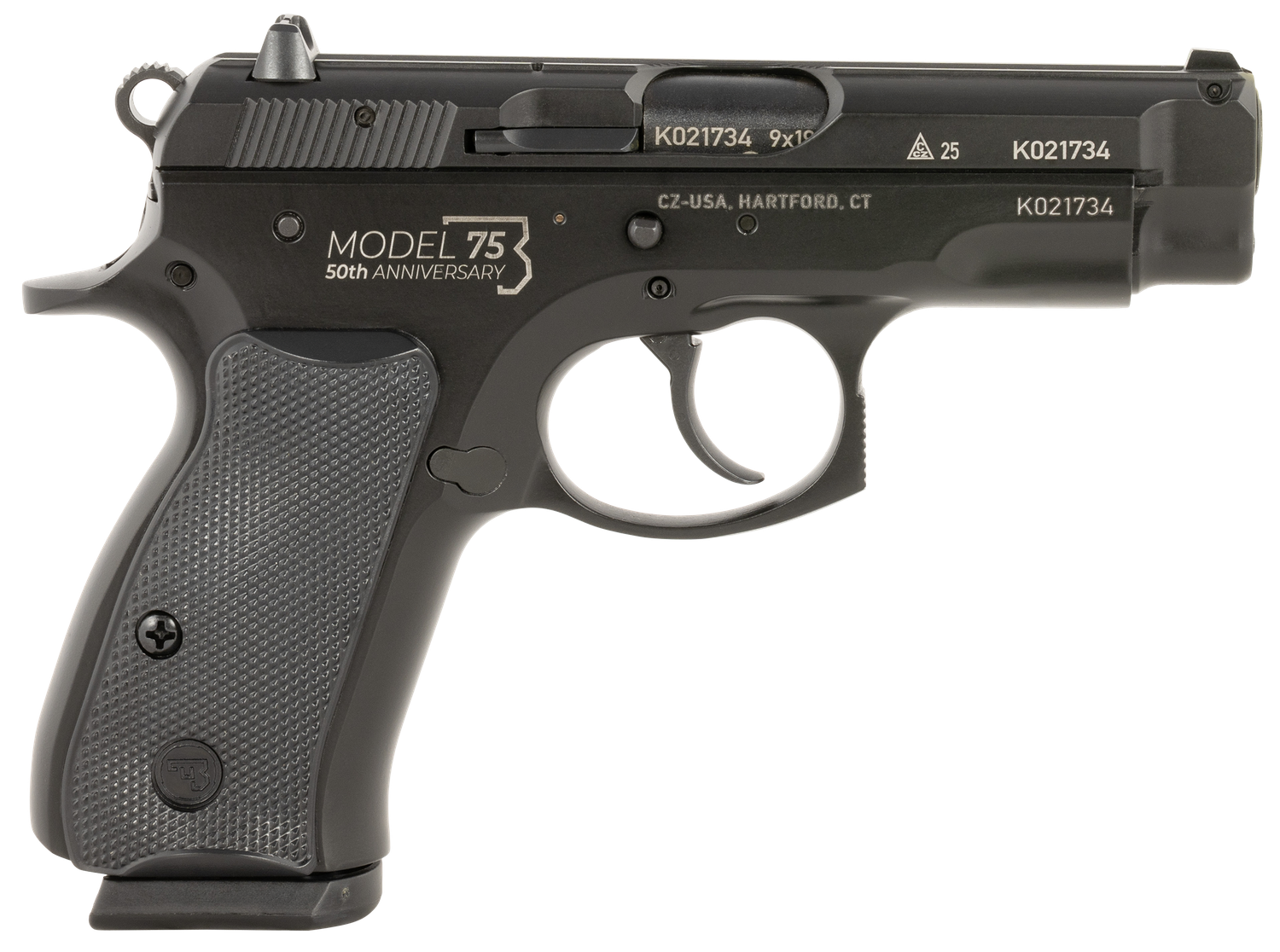 CZ 75 Compact 50th Anniversary Pistol 91122, 9mm, 3.75in, Black Plastic Grips, Black Polycoat Finish, 15 Rds