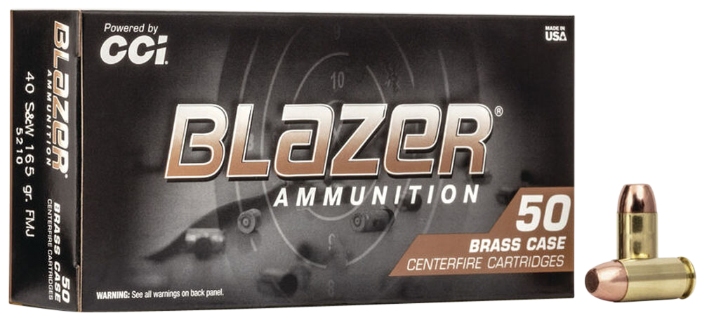 CCI Blazer Handgun Brass Pistol Ammunition 5210, 40 S&W, Full Metal Jacket (FMJ), 165 GR, 1050 fps, 50 Rd/bx
