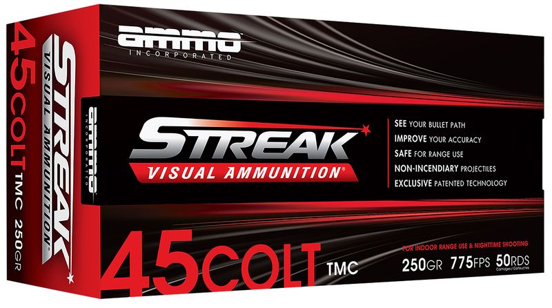 Ammo Inc Streak Visual (RED) Pistol Ammunition 45C250TMCSTRKRED50, 45 Colt, Total Metal Case, 250  GR, 775  fps, 50 Rd/bx
