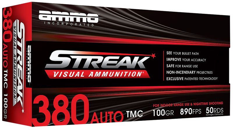 Ammo Inc Streak Visual (RED) Self Defense Pistol Ammunition 380100TMCSTRKRED50, 380 ACP, Total Metal Case, 100  GR, 890  fps, 50 Rd/bx