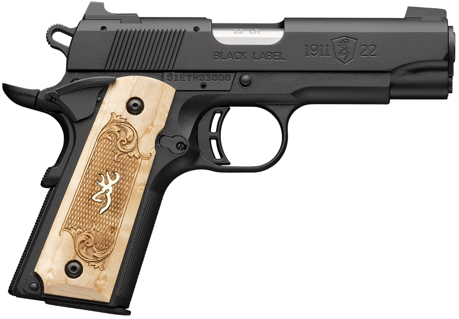 Browning 1911-22 Black Label Medallion Pistol 051068490, 22 LR, 3.63in, Maple Medallion Grips, Matte Black Finish, 10 Rds