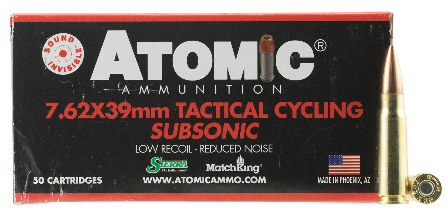 Atomic Tactical Cycling Subsonic Rifle Ammunition 00474, 7.62x39mm, HPBT, 220 GR, 1050 fps, 50 Rds/Bx