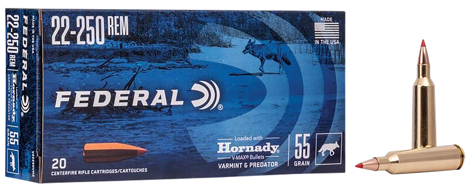 Federal Varmint & Predator Rifle Ammunition V22250VM2, 22-250 Remington, V-Max, 55 GR, 3670 fps, 20 Rd/Bx