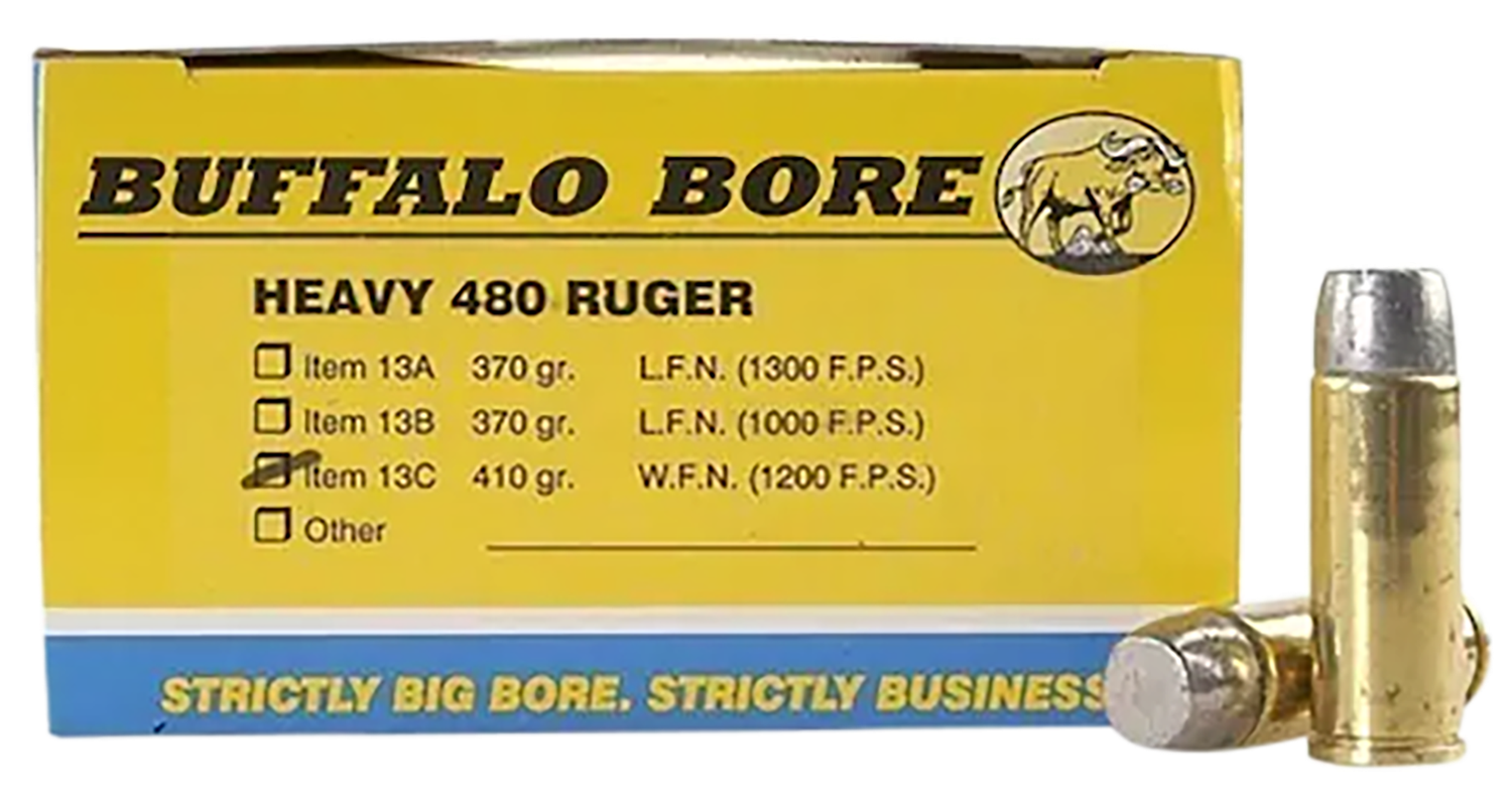 Buffalo Bore Handgun Ammunition 13C/20, 480 Ruger, Long Boat-Tail Lead Wide Nose, 410 GR, 1200 fps, 20 Rd/Bx