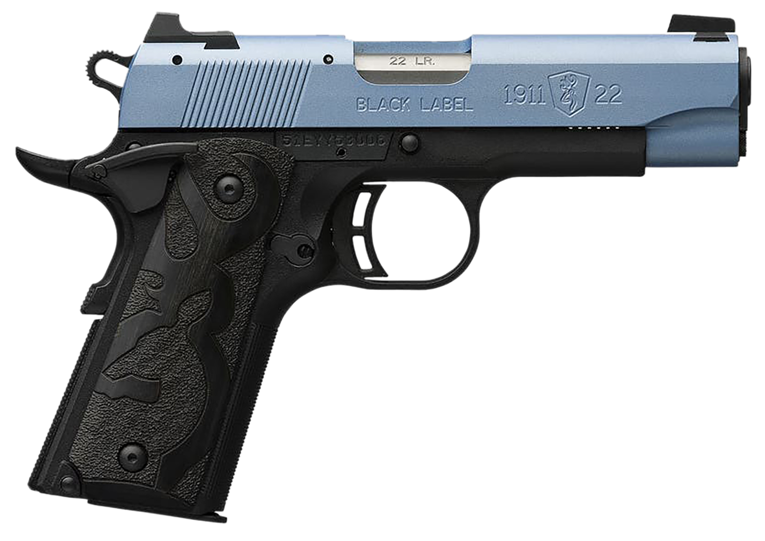 Browning Arms 1911 Black Label Pistol 051898490, 22 LR, 3.63", Black Laminate Wood Grips, Polar Blue Cerakote Slide, 10 Rds