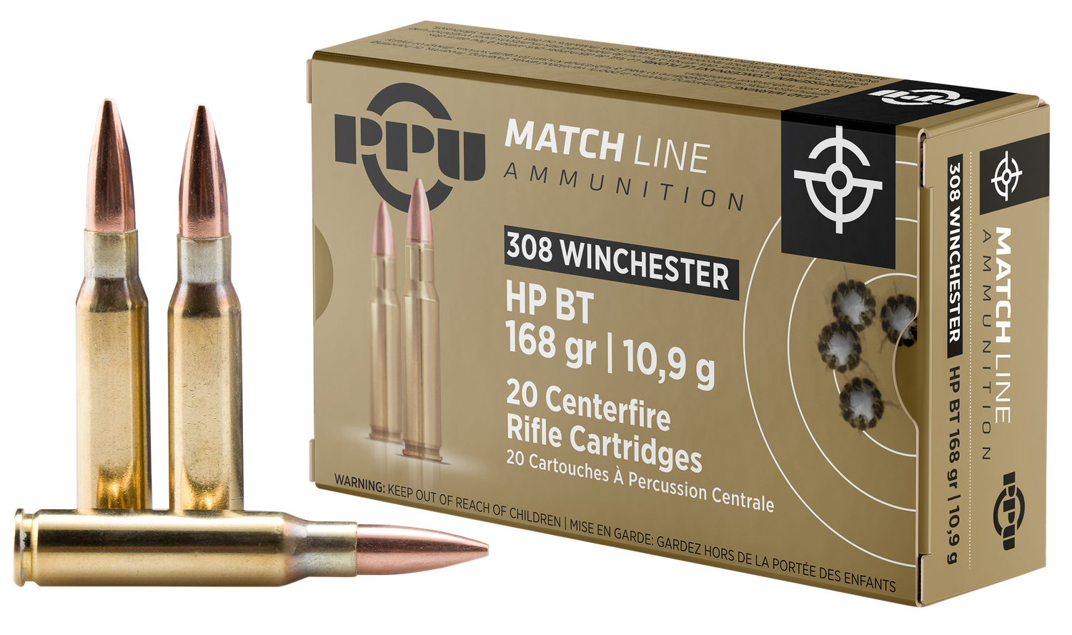 Prvi Partizan Rifle Ammunition PPM3082, 308 Winchester, Hollow Point Boat Tail (HPBT), 168 GR, 2610 fps, 20 Rd/bx