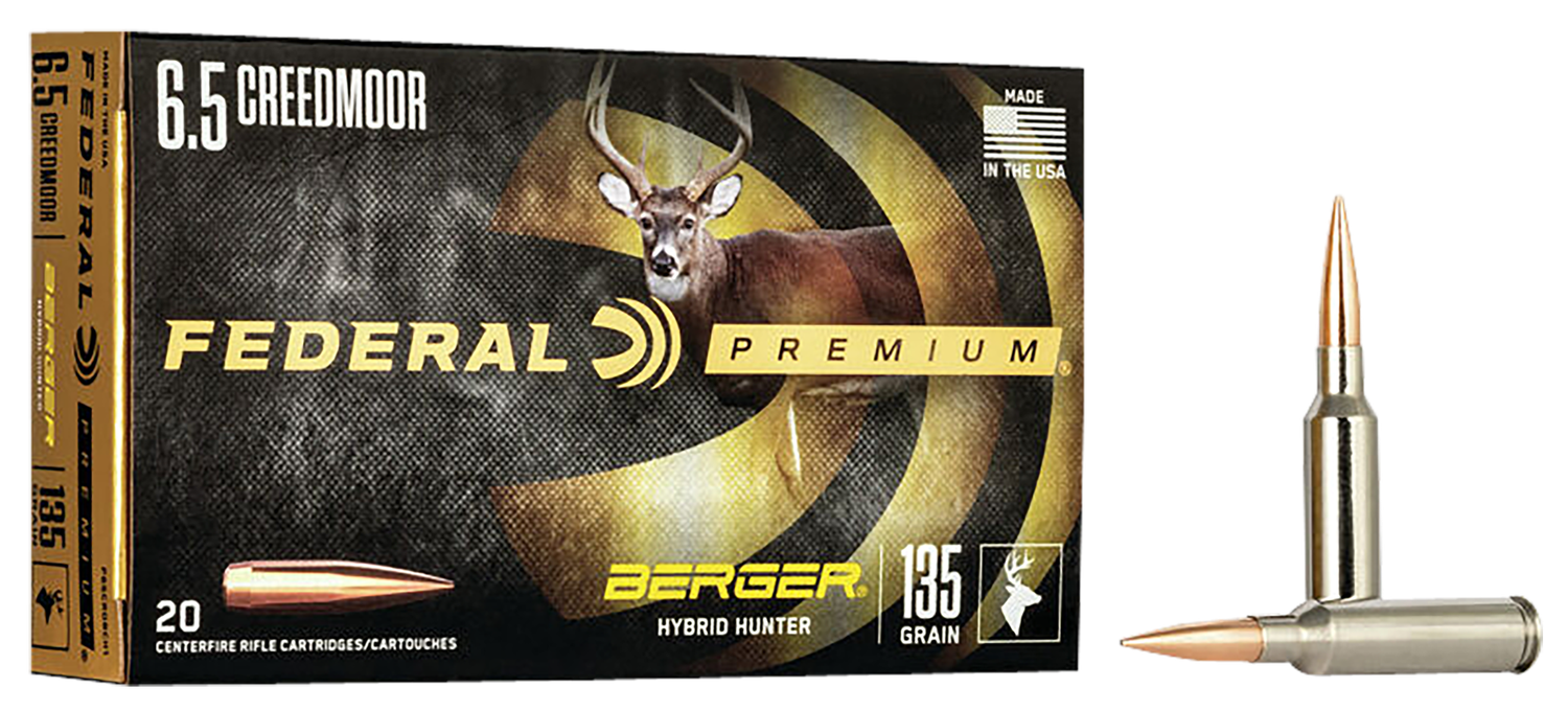 Federal Premium Berger Hybrid Rifle Ammunition P65CRDBCH1, 6.5 Creedmoor, Berger Hybrid, 135 GR, 2775 fps, 20 Rds/Bx