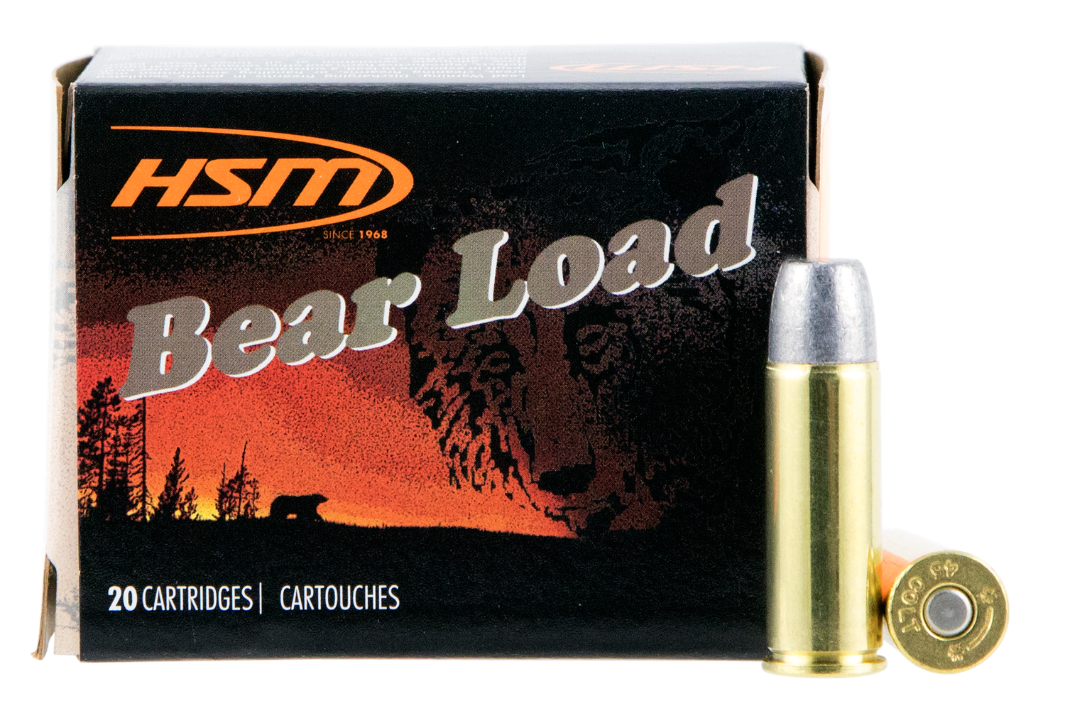 HSM Bear Load Pistol Ammunition 45C7N20, 45 Long Colt, Wide Flat Nose (WFN), 325 gr, 1155 fps, 20 Rd/Bx