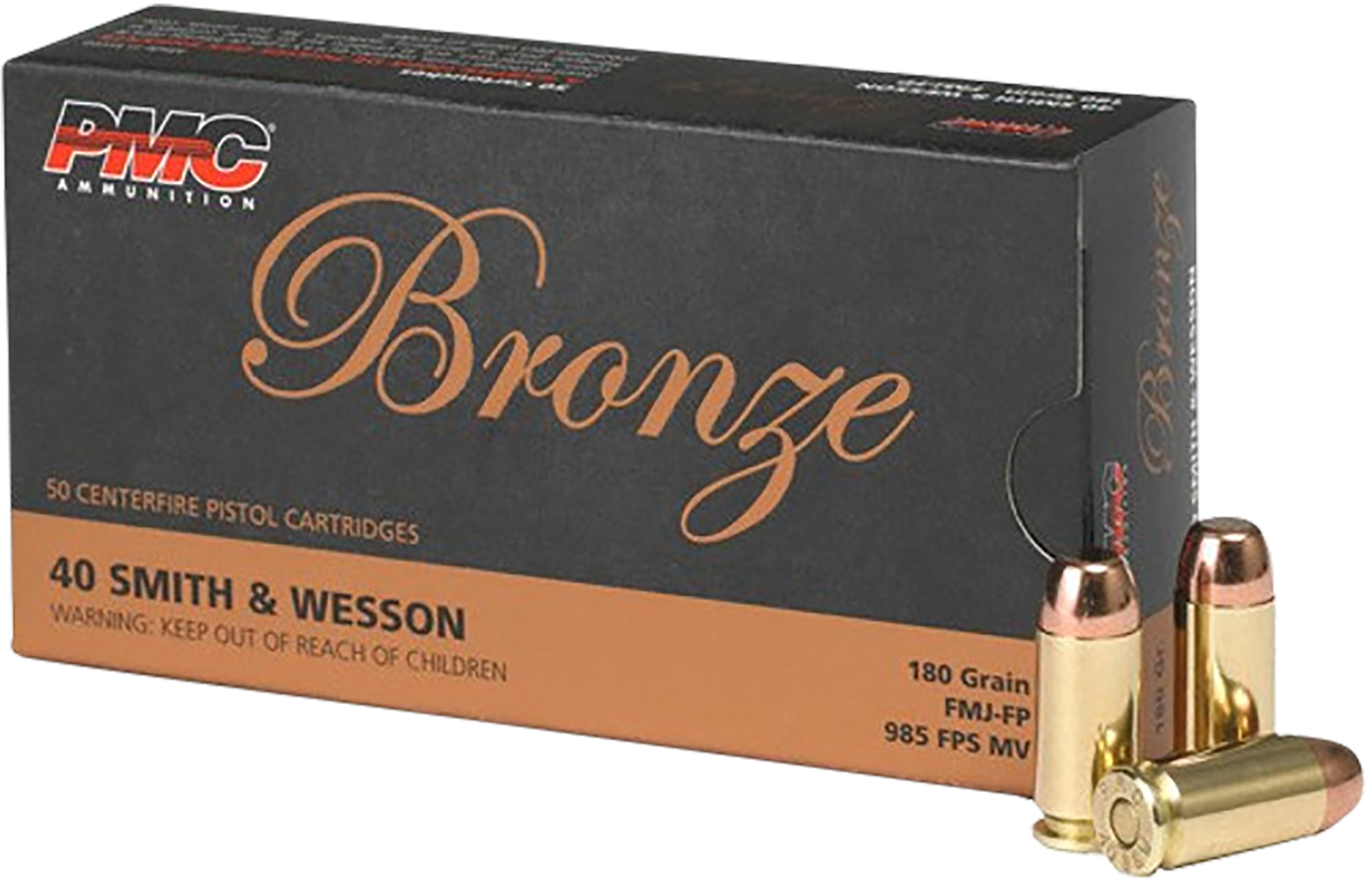 PMC Bronze Line Pistol Ammunition 40E, 40 S&W, Full Metal Jacket Flat Point, 180 GR, 985 fps, 50 Rd/bx