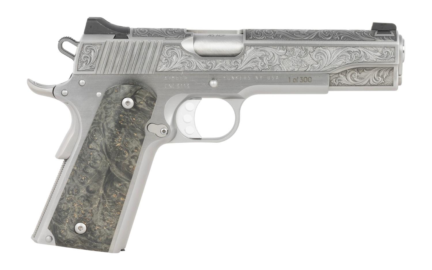 Custom & Collectible Kimber 1911 'Wildlife', CNCWILDLIFE45, 45 ACP, 5", Burled Maple Wood Grips, Deep Engraved Slide, 7 Rds