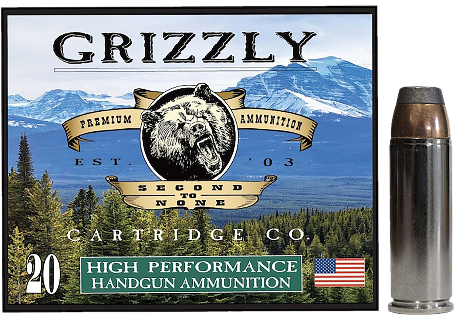Grizzly Ammunition High Performance Pistol Ammunition GC45C+P10, 45 Colt, Bonded Flat Point, 300 GR, 1225 fps, 20 Rd/bx