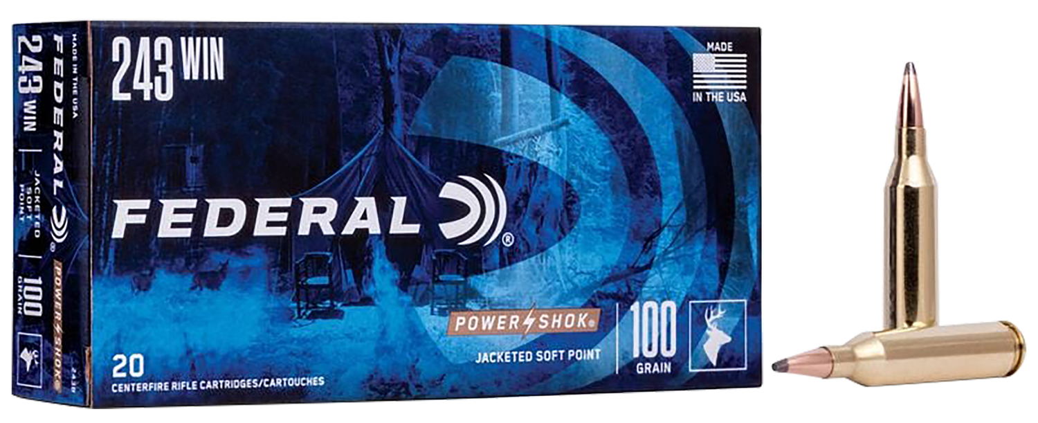 Federal Premium Power Shok Rifle Ammunition 243B, 243 Winchester, Soft Point (SP), 100 GR, 2960 fps, 20 Rd/bx