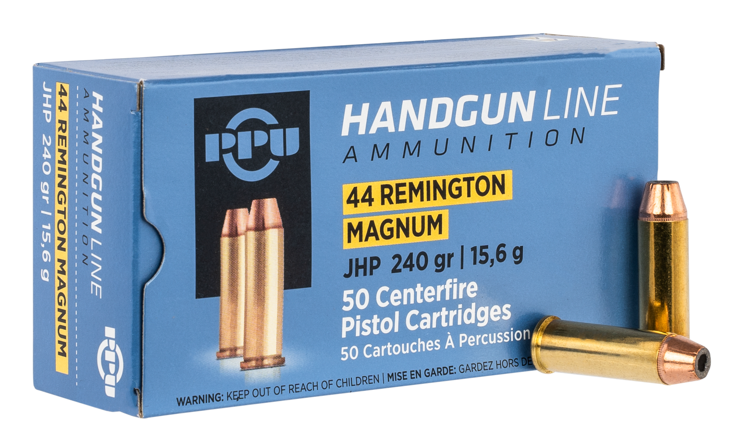 Prvi Partisan Pistol Ammunition PPH44MH, 44 Rem Mag, JHP, 240 gr, 1541 fps, 50 Rd/Bx