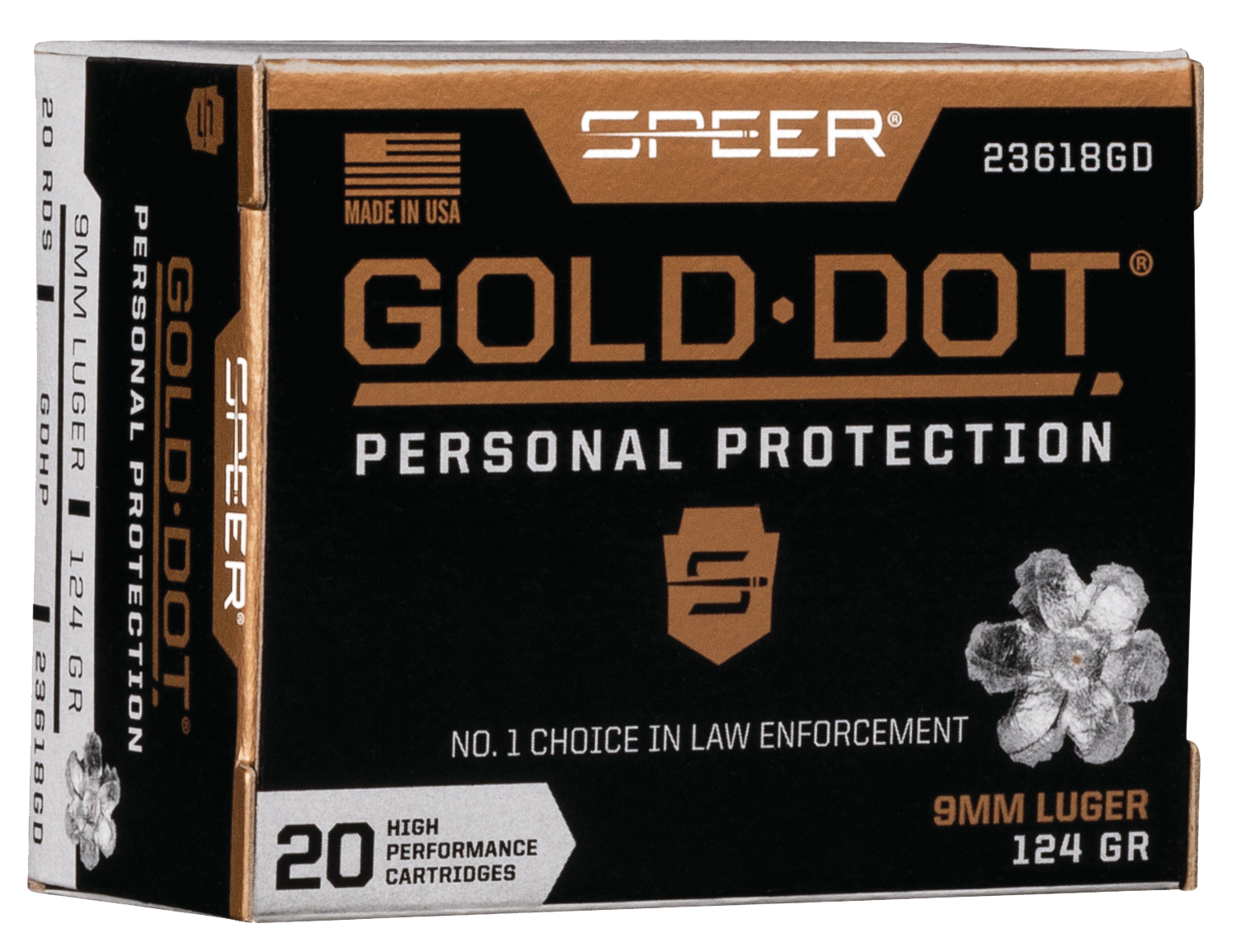 Speer Gold Dot Personal Protection Handgun Ammunition 23618GD, 9MM, Gold Dot HP, 124 GR, 1150 fps, 20 Rd/bx