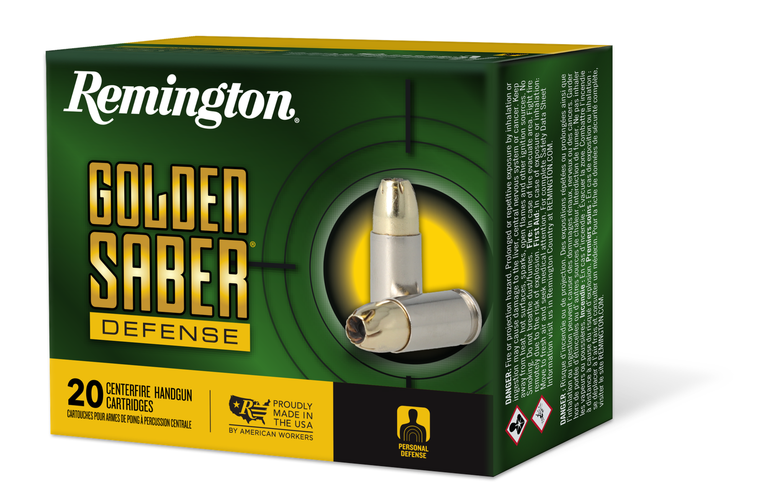 Remington Golden Saber Pisol Ammunition GSD380BN, 380 ACP, Brass JHP, 102 gr, 815 fps, 20 Rd/Bx
