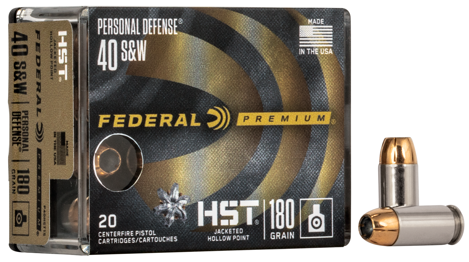 Federal Personal Defense HST Pistol Ammunition P40HST1S, 40 Smith & Wesson, Jacketed Hollow Point (JHP), 180 GR, 20 Rd/bx