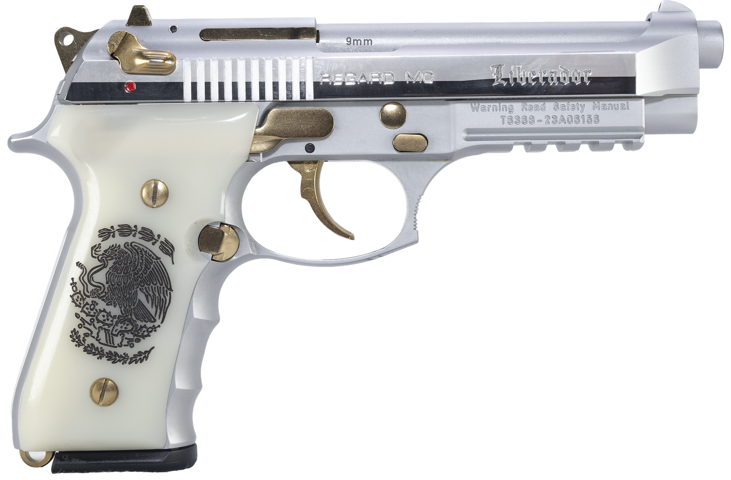 EAA Regard Liberador II Pistol 391089, 9mm Luger, 4.90in, Pearl Like w/Mexican Coat Of Arms, Chrome w/Gold Controls Finish, 18 Rds