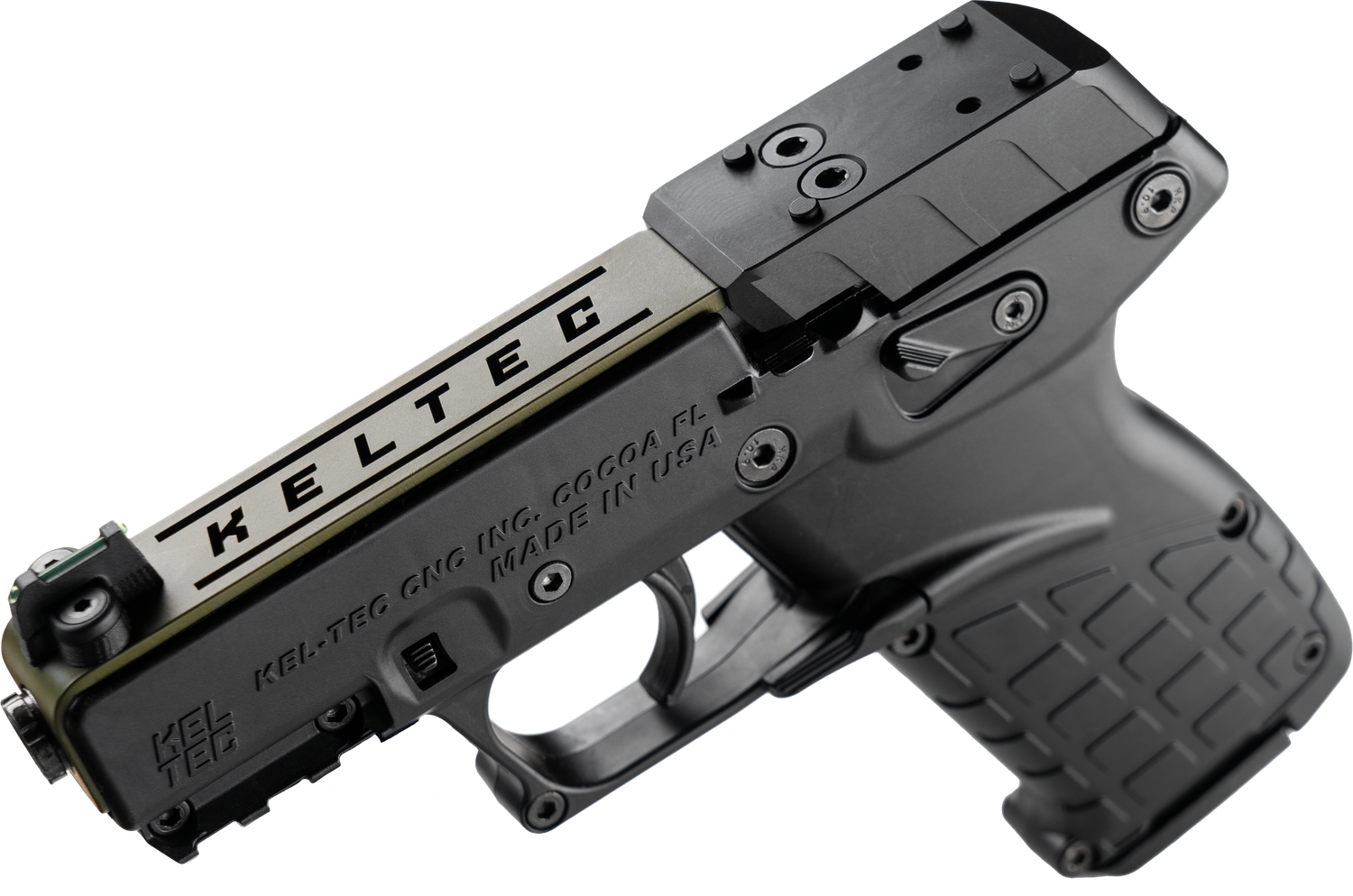 Kel-Tec P17 Pistol P17BBLKORGRNS, 22 LR, 3.80", Textured Grips, Black Finish, OD Green Slide, Optic Ready, 16 Rds