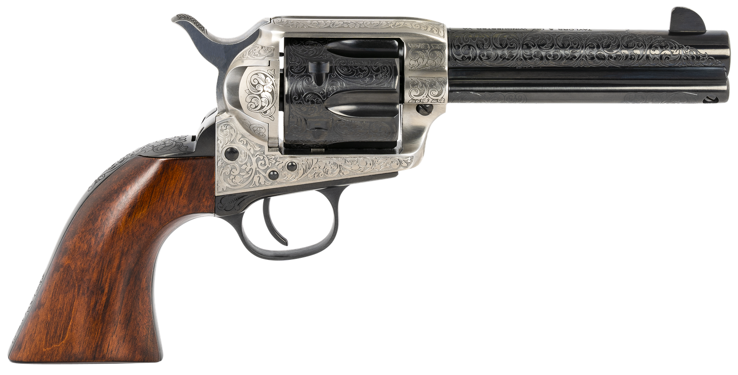 Taylors 1873 Cattleman Revolver 550925, 45 Colt, 4.75", Walnut Grips, Coin Photo Engraved Finish, 6 Rds