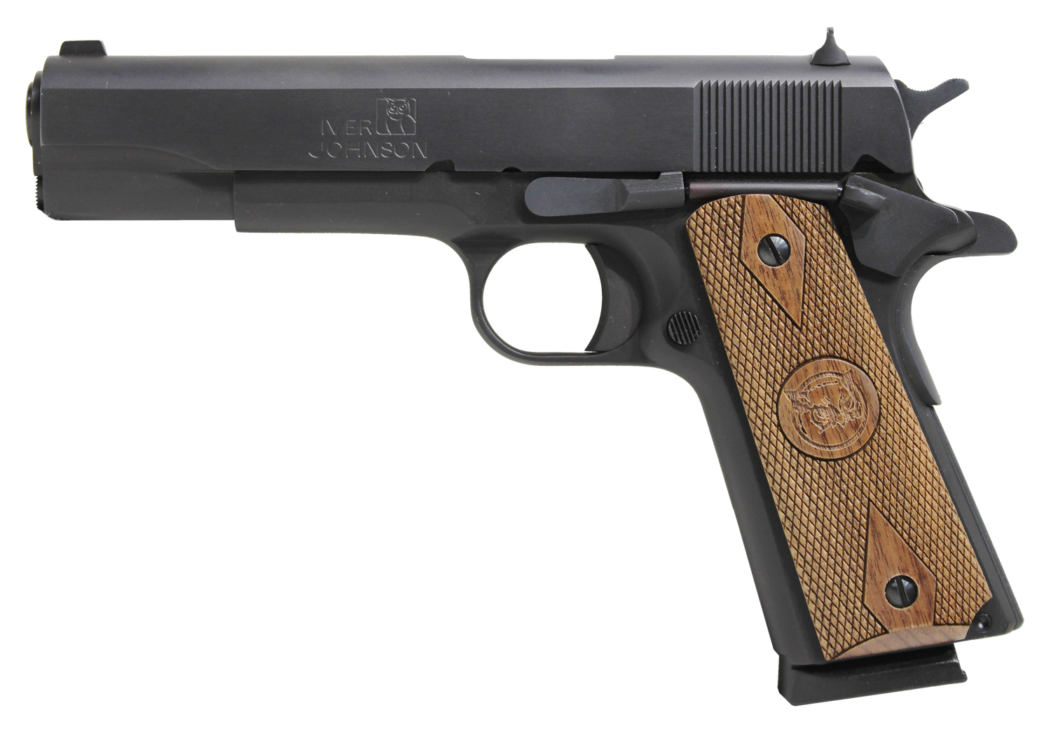 Iver Johnson 1911 A1 Government 70 Series Pistol 1911A1, 45 ACP, 5", Walnut Grips, Matte Blued, 8 Rds
