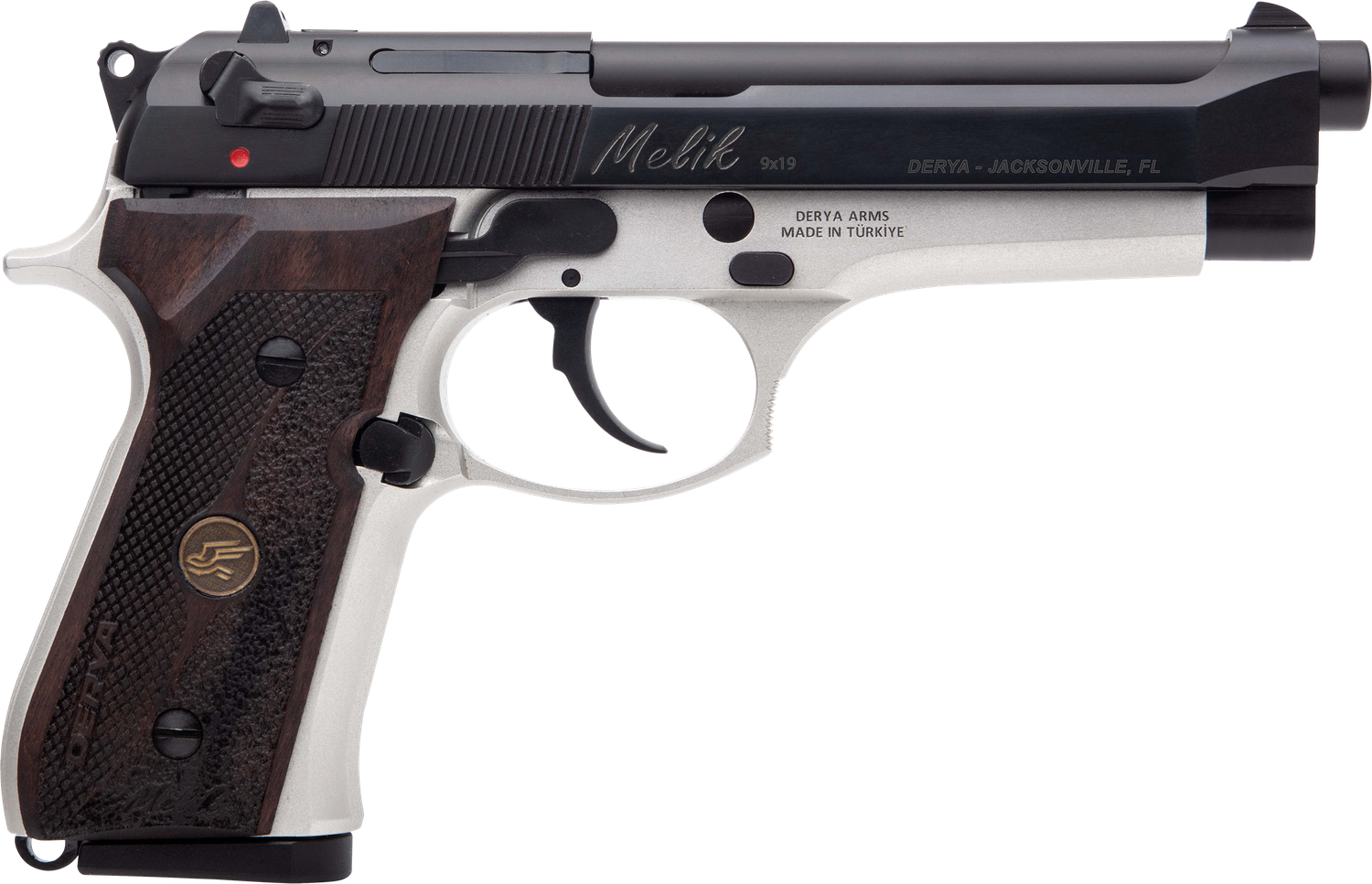 Derya Melik Two Tone Pistol 15LTTMELIK9TR, 9mm, 4.90in, Dark Walnut Grips, Silver Anodized Finish, 15 Rds
