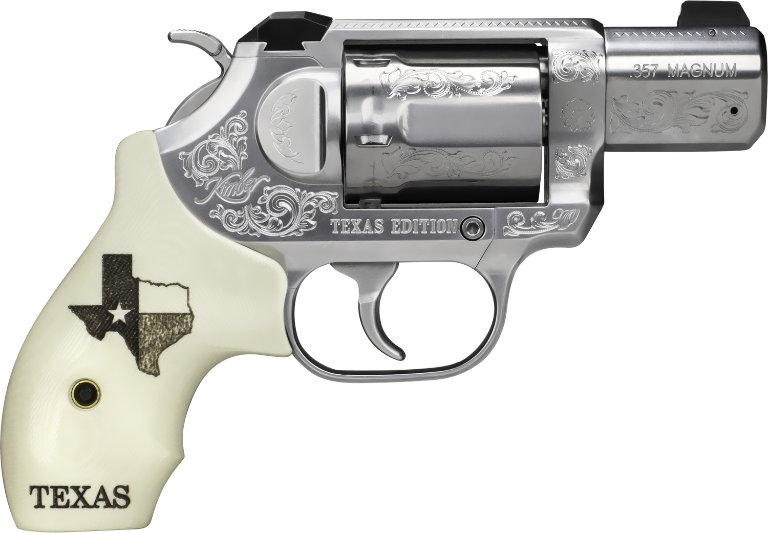 Kimber 3400028 K6S Texas Edition Revolver, 357 Magnum, 2 in Barrel, Engraved over Smooth Satin Finish, White 3-Dot Sights