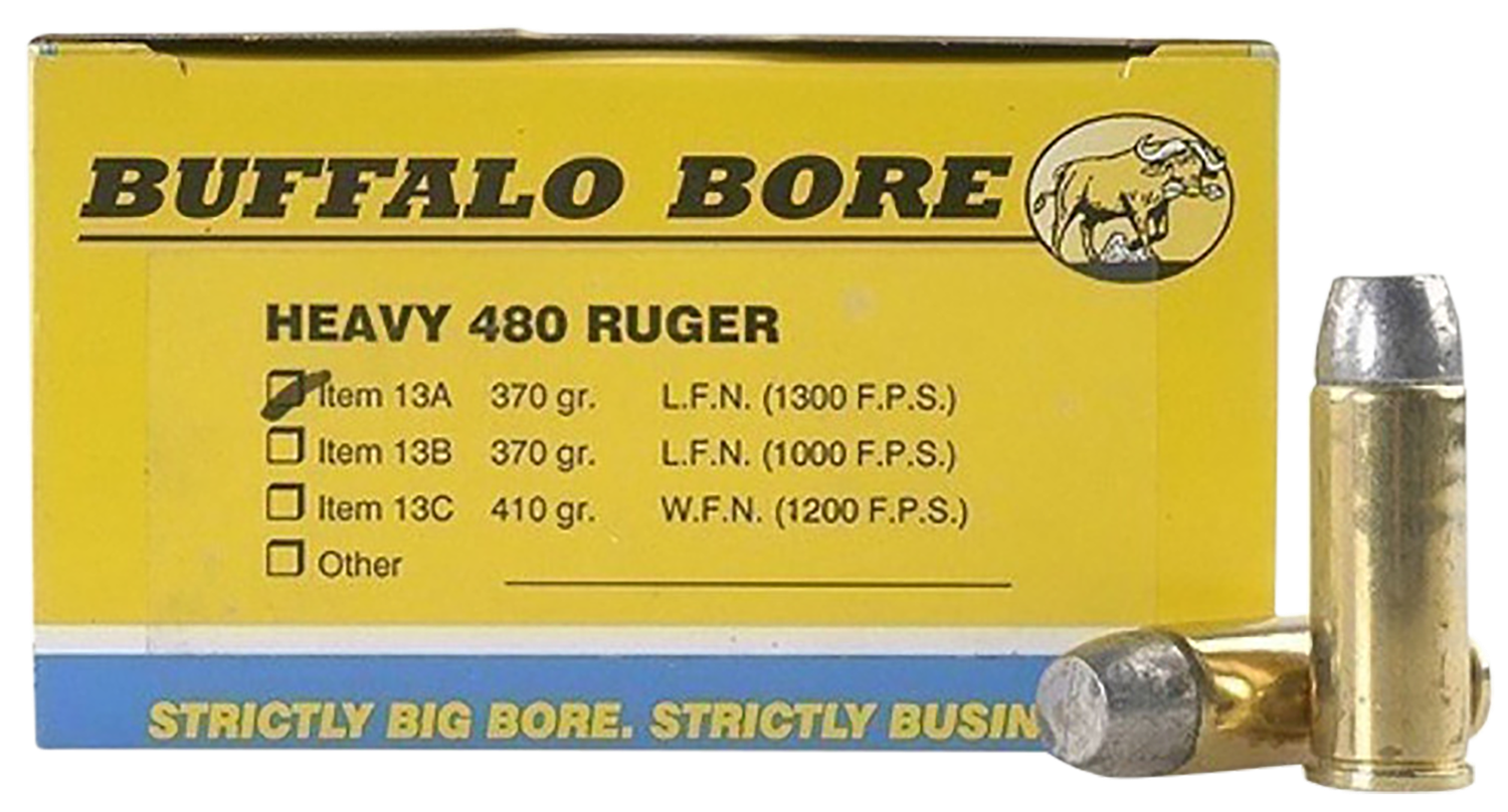Buffalo Bore Handgun Ammunition 13A/20, 480 Ruger, Boat-Tail Lead Flat Nose (FN), 370 GR, 1300 fps, 20 Rd/Bx