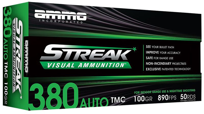 Ammo Inc Streak Visual (GREEN) Self Defense Pistol Ammunition 380100TMCSTRKGRN50, 380 ACP, Total Metal Case, 100  GR, 890  fps, 50 Rd/bx
