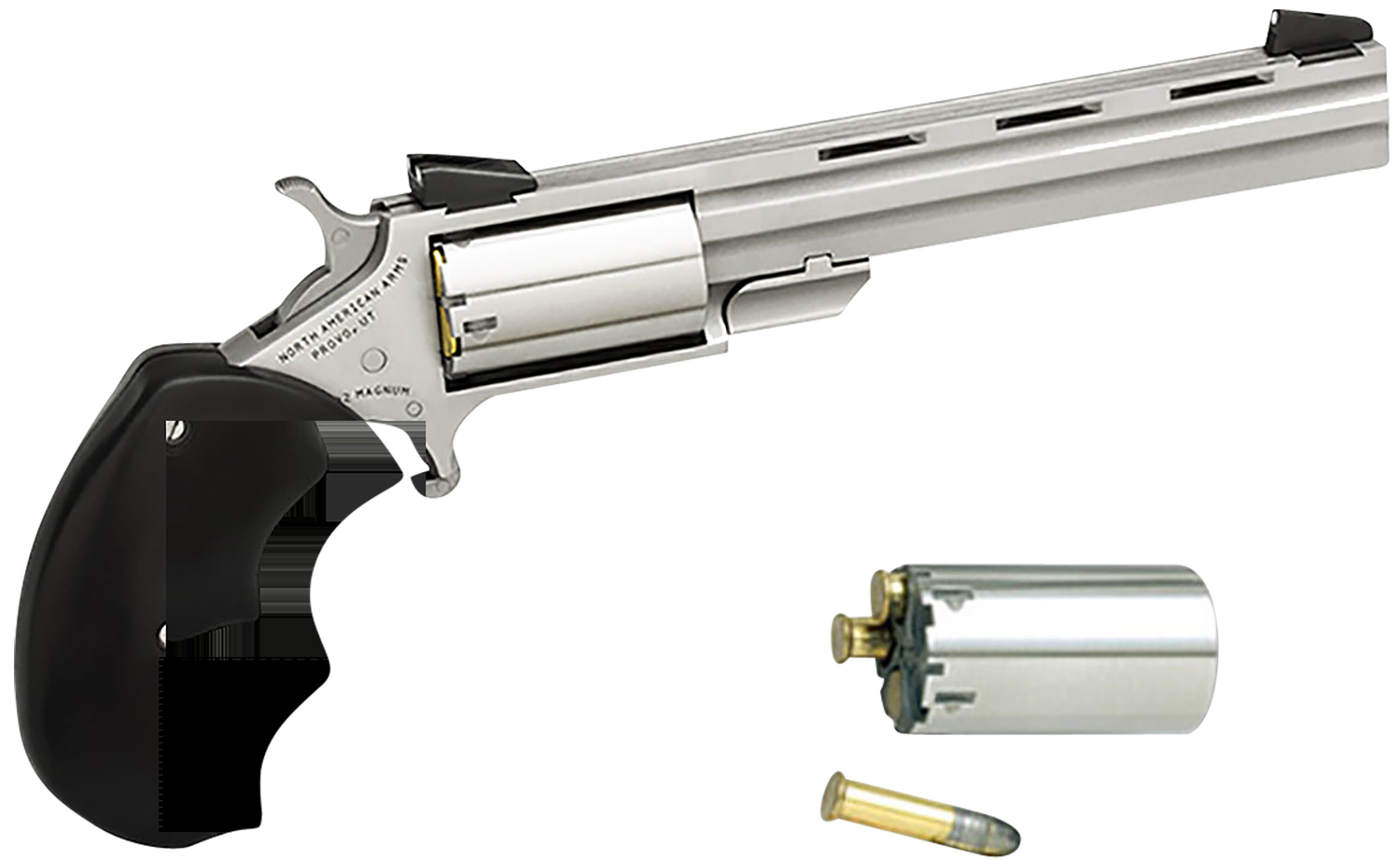 North American Mini-Master Revolver, 22 LR | 22 Magnum (WMR), 4", Black Rubber Grips, Stainless Finish