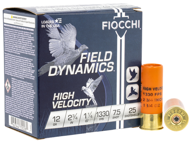 Fiocchi High Velocity 12HV75, 12 Gauge, 2-3/4", 1-1/4 oz, 1330 fps, #7.5 Lead Shot, 25 Rds/Bx