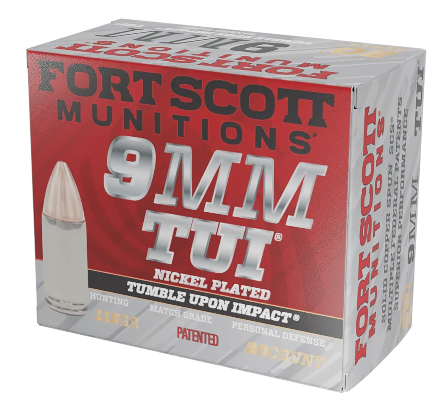 Fort Scott Munitions TUI Pistol Ammunition 9MM115SCVNIC, 9mm Luger, Solid Copper Spun, 115 gr, 1140 fps, 20 Rd/Bx