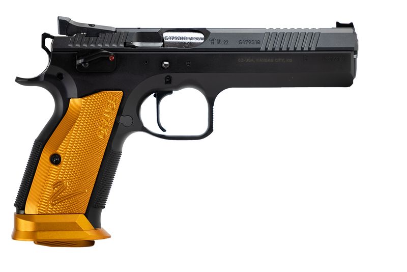 CZ-USA TS2 Pistol 91265, 40 S&W, 5.20in, Orange Checkered Aluminum Grips, Black Polycoat Finish, 17 Rds