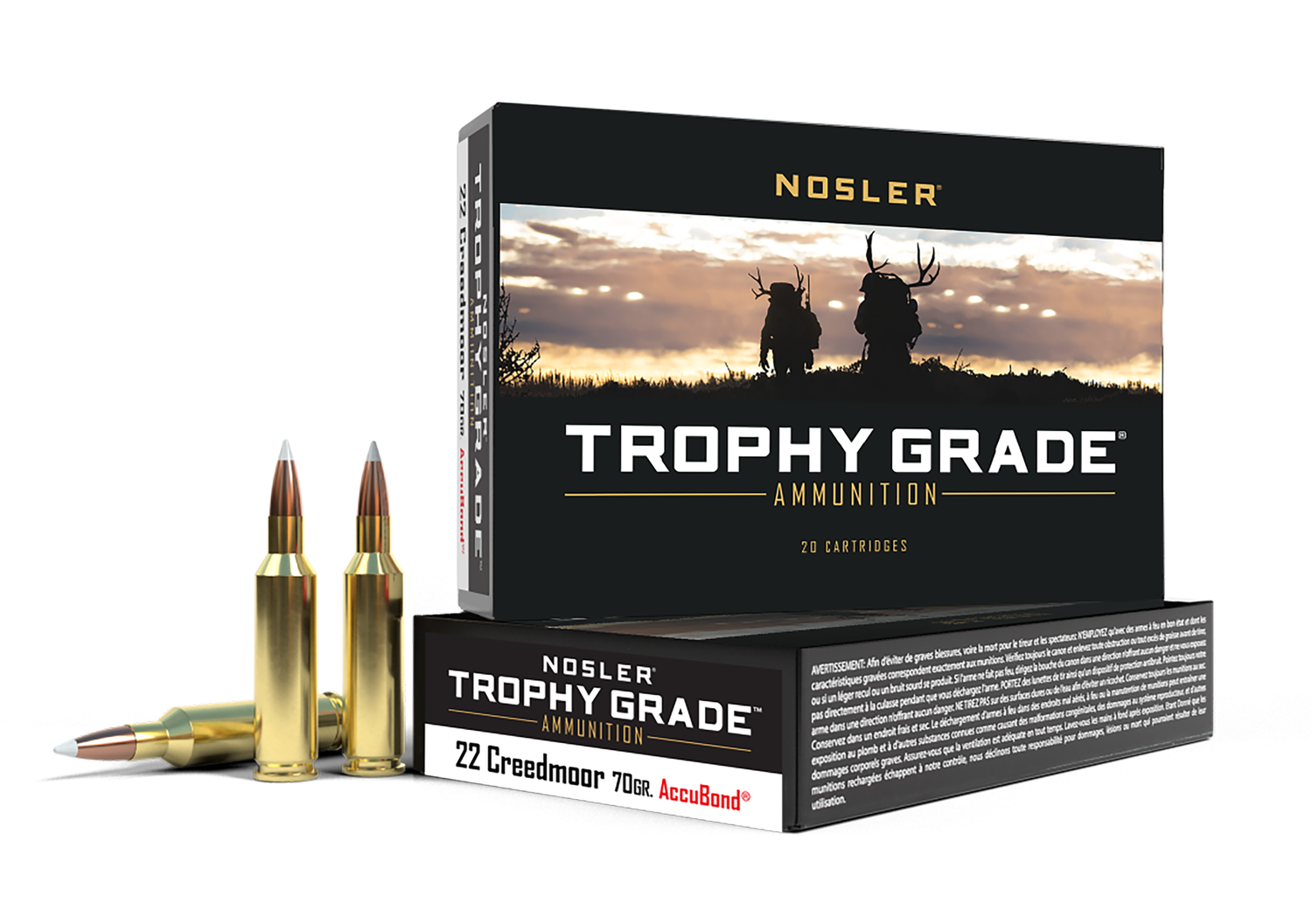Nosler Trophy Grade Rifle Ammunition 60152, 22 Creedmoor, AccuBond, 70 gr, 3400 fps, 20 Rd/Bx