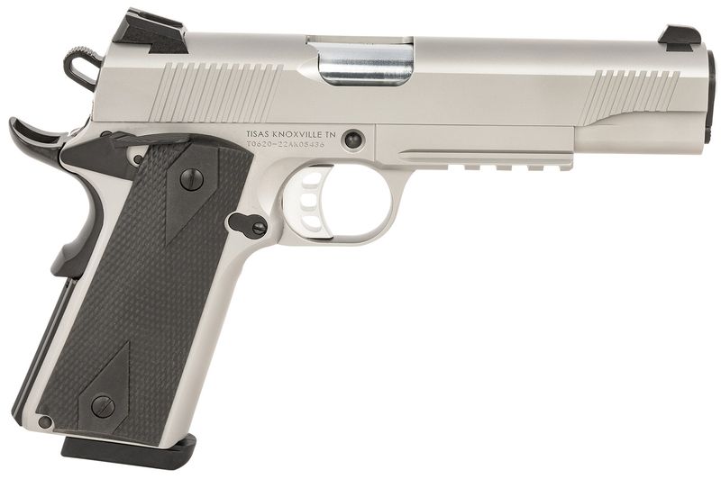 Tisas 1911 Duty Pistol 10100533, 45 ACP, 5in, Black Overmolded, Satin Stainless Finish, 8 Rds