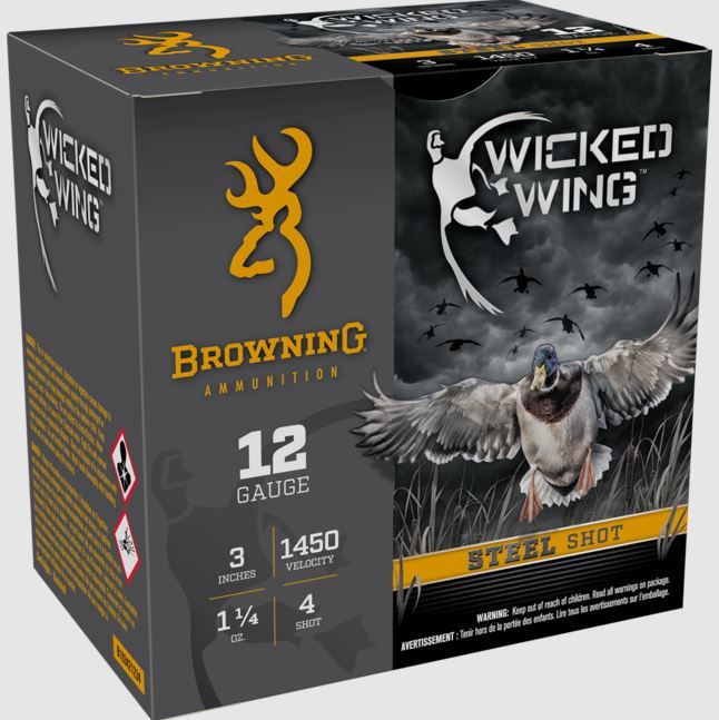 Browning Wicked Wing Shotshells B193421234, 12 Ga, 3", 1-1/4 oz, 1450 fps, #4 Steel, 25 Rd/Bx