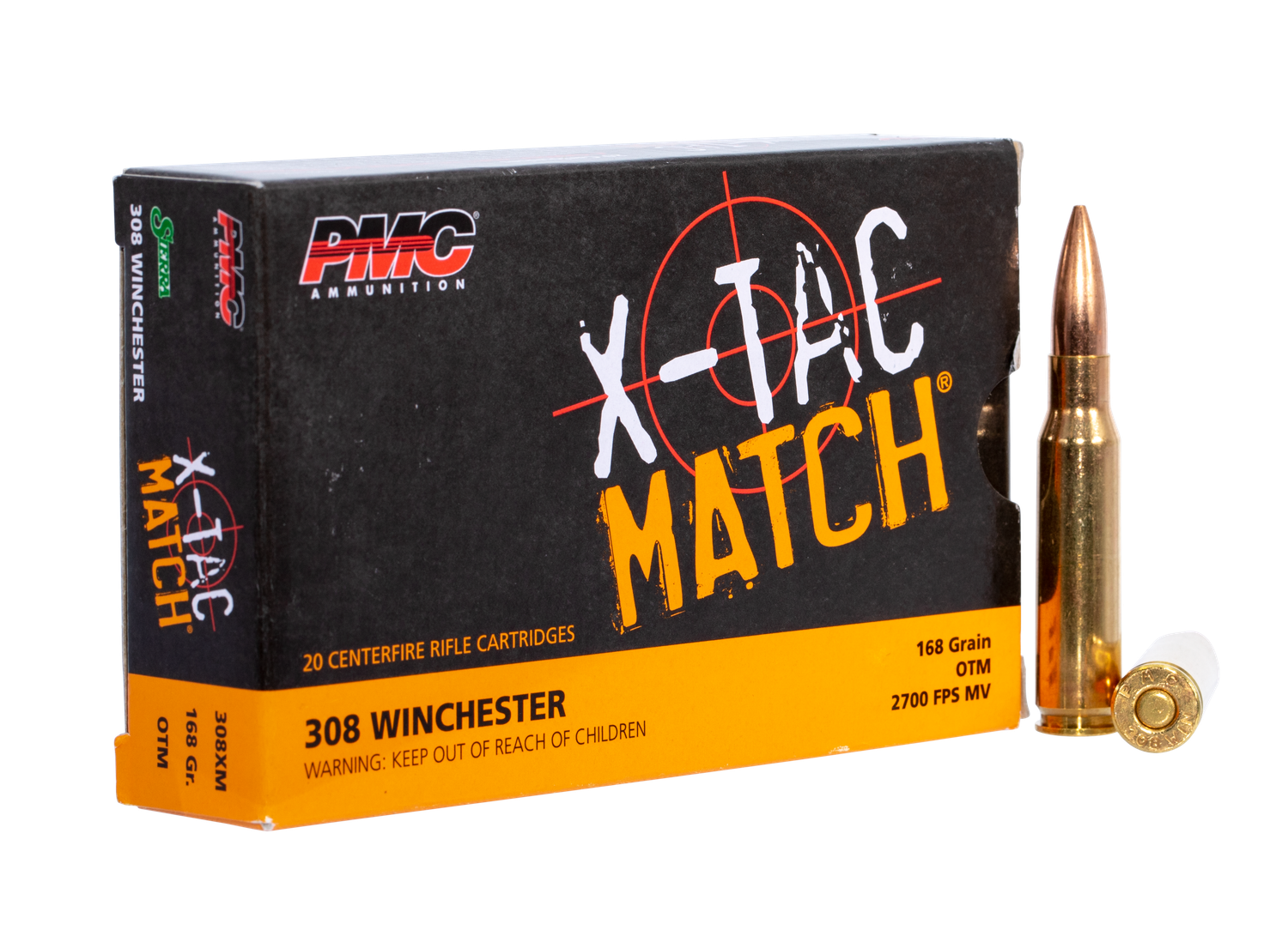 PMC Rifle Ammunition 308XM, 308 Win, Open Tip Match (OTM), 168 gr, 2719 ft lbs, 20 Rd/Bx