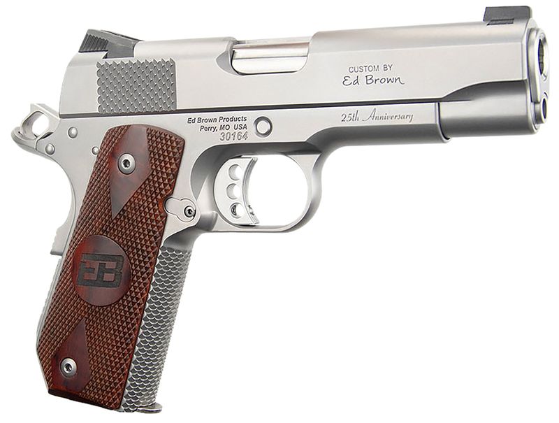 Ed Brown Kobra Carry 25th Anniversary Pistol KCSS25, 45 ACP, 4.25in, Double Diamond Checkered Cocobolo w/EB Logo, Industrial Stainless Finish