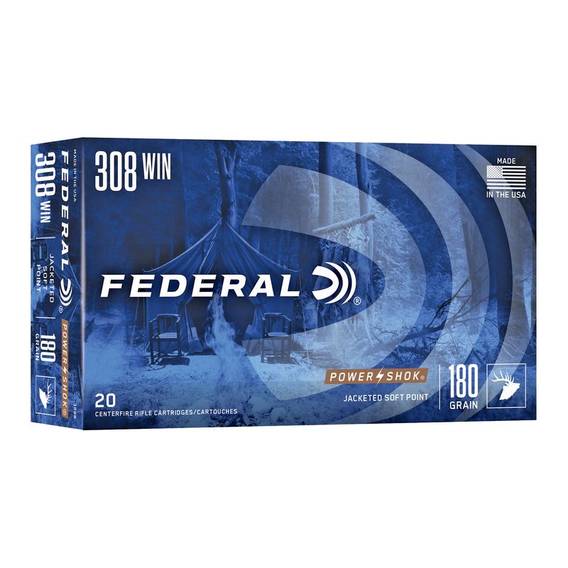 Federal Premium Power Shok Rifle Ammunition 308B, 308 Winchester, Soft Point (SP), 180 GR, 2620 fps, 20 Rd/bx