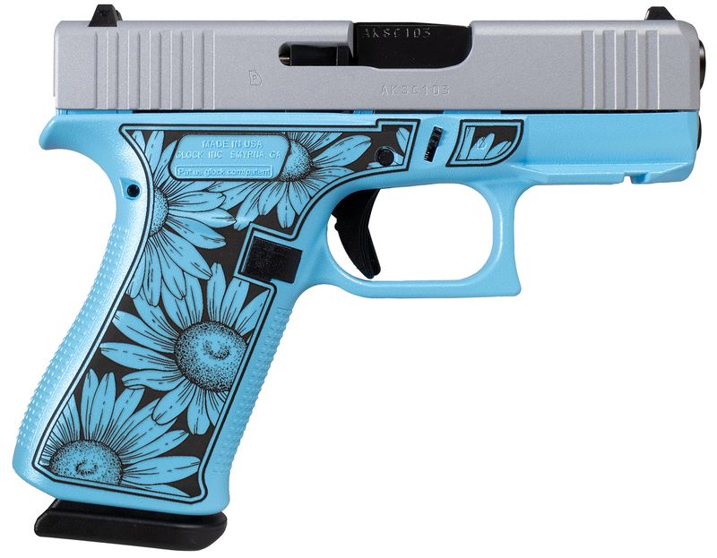 Glock G43X FR Miss Daisy Pistol UX4350204FRDAISYBLUE, 9mm, 3.41in, Blue Cerakote Polymer Frame w/Black Daisy Laser Engraving Grips, Blue Cerakote Finish, 10 Rds