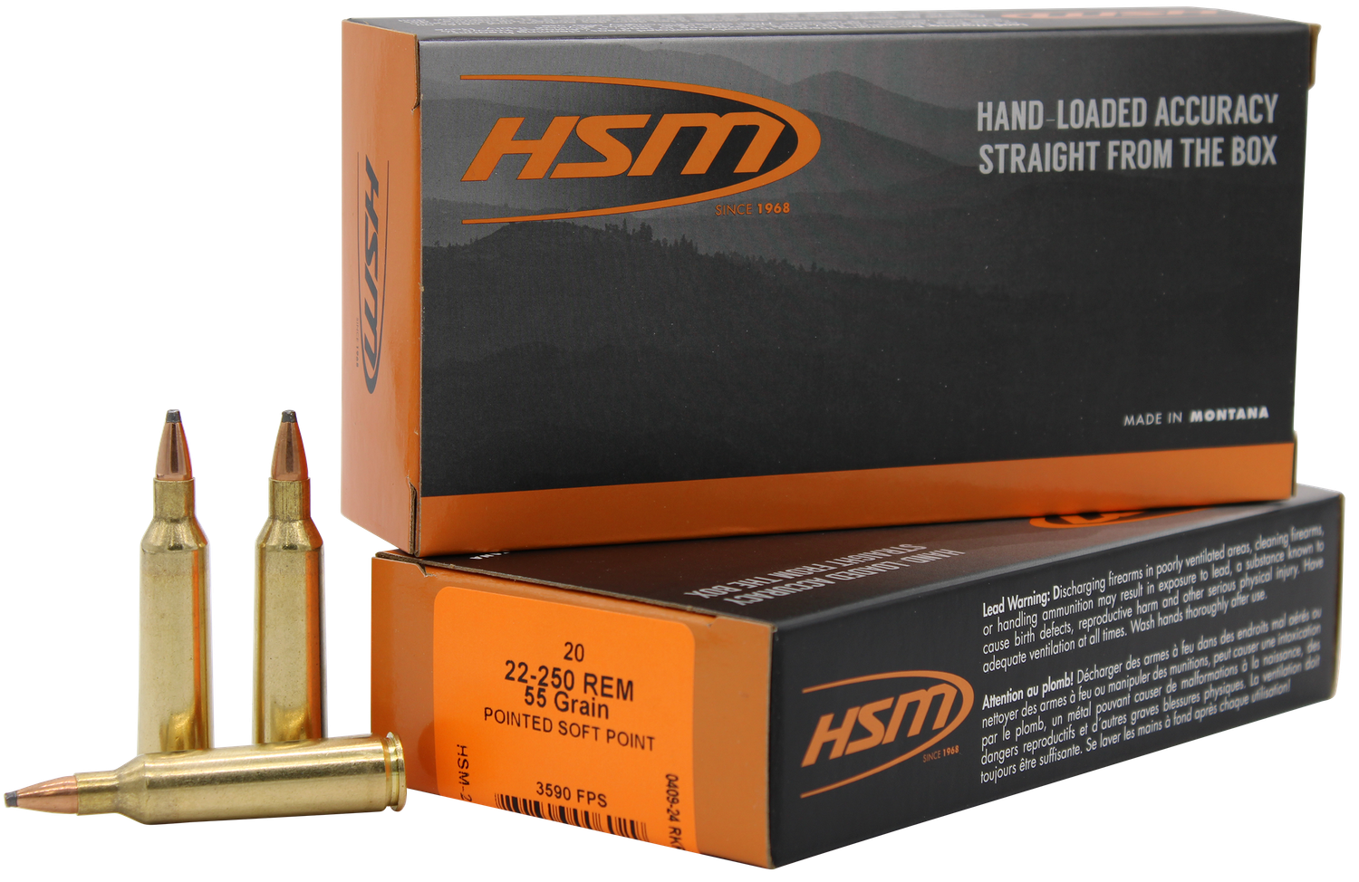 HSM Varmint Rifle Ammunition 222504N, 22-250 Rem, SP, 55 gr, 3590 fps, 20 Rd/Bx