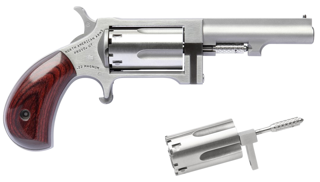 North American Sindwinder Conversion Single Action Revolver SWC250, 22 Winchester Magnum Rimfire (WMR), 2.5", Rosewood Grips, Stainless Finish, 5 Rds