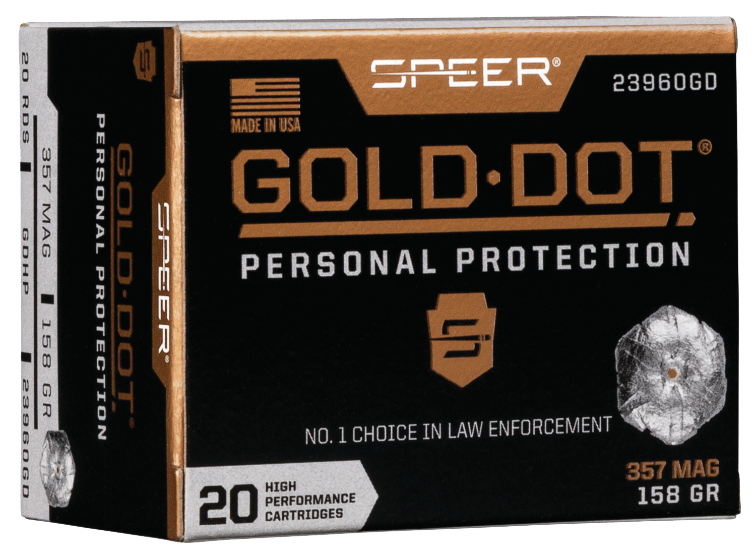 Speer Gold Dot Personal Protection Handgun Ammunition 23960GD, 357 Mag, Gold Dot HP, 158 GR, 1235 fps, 20 Rd/bx