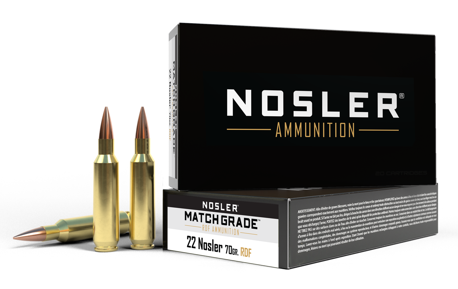 Nosler Match Grade Rifle Ammunition 60124, 22 Nosler, Hollow Point Boat Tail, 70 gr, 3000 fps, 20 Rd/Bx