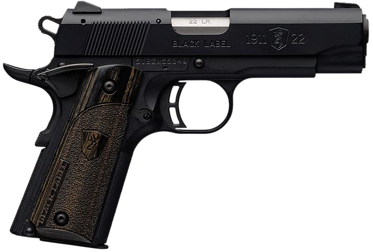 Browning 1911-22 Black Label Compact Pistol 051815490, 22 Long Rifle, 3 5/8", Laminated Grips, Matte Black Finish, 10Rds