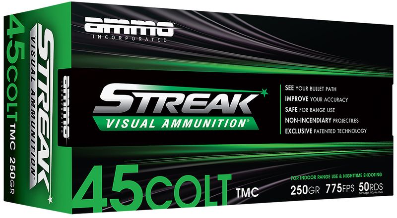 Ammo Inc Streak Visual (GREEN) Pistol Ammunition 45C250TMCSTRKGRN50, 45 Colt, Total Metal Case, 250  GR, 775  fps, 50 Rd/bx